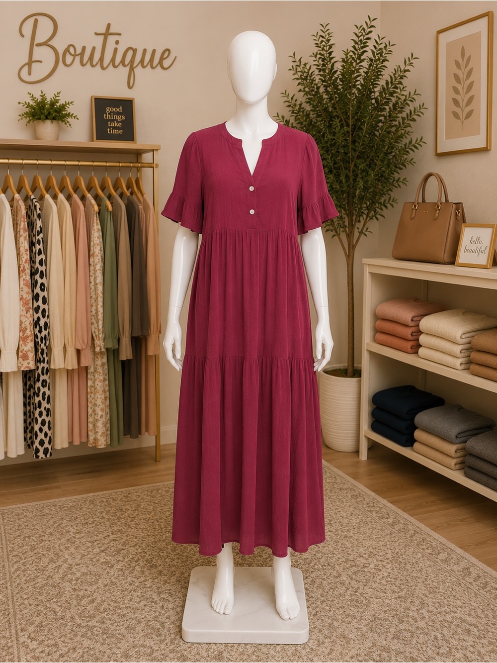 Women's Burgundy Tiered Maxi Dress with V-Notch and Button Detail